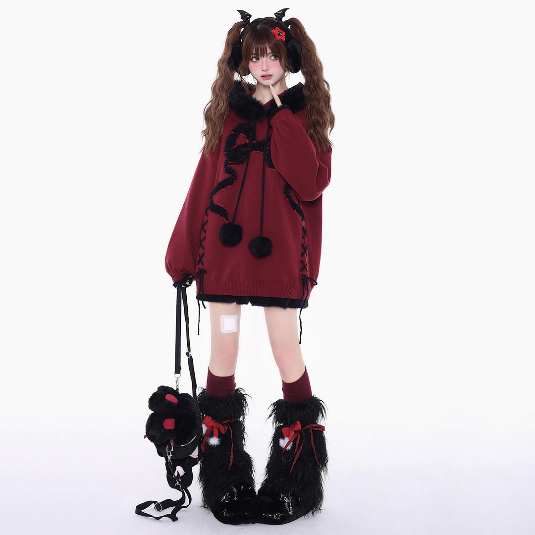 Bowknot black and red sweater for spring autumn winter