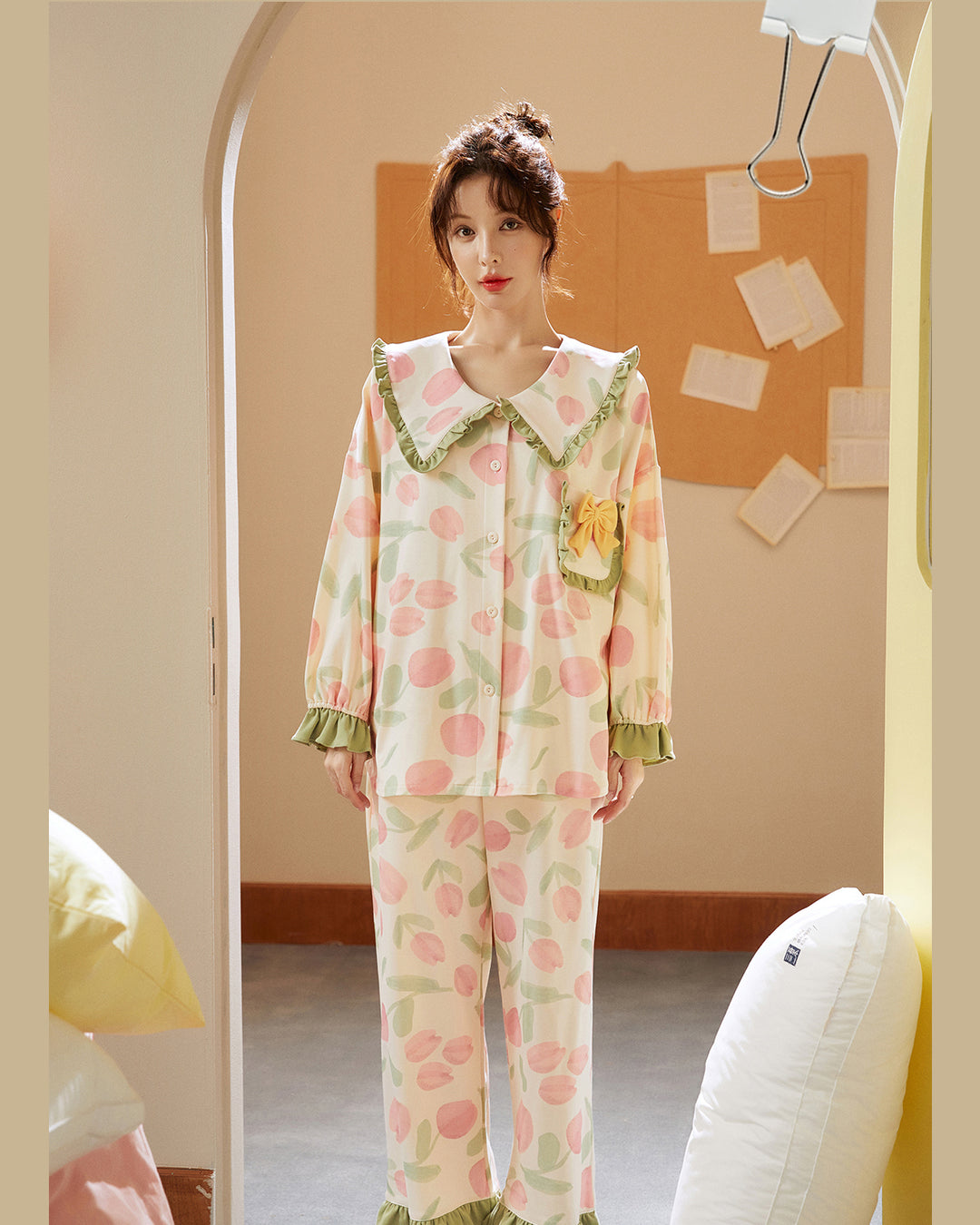 Tulip Printed Spring and Autumn Long Sleeve Cotton Pajama Set