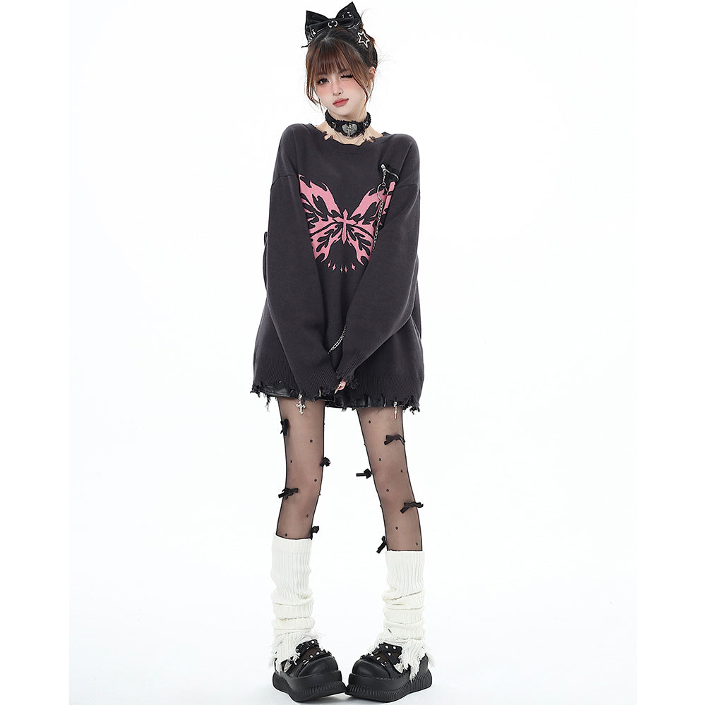Butterfly Pattern Chain-Decorated Round Neck Knit Sweater