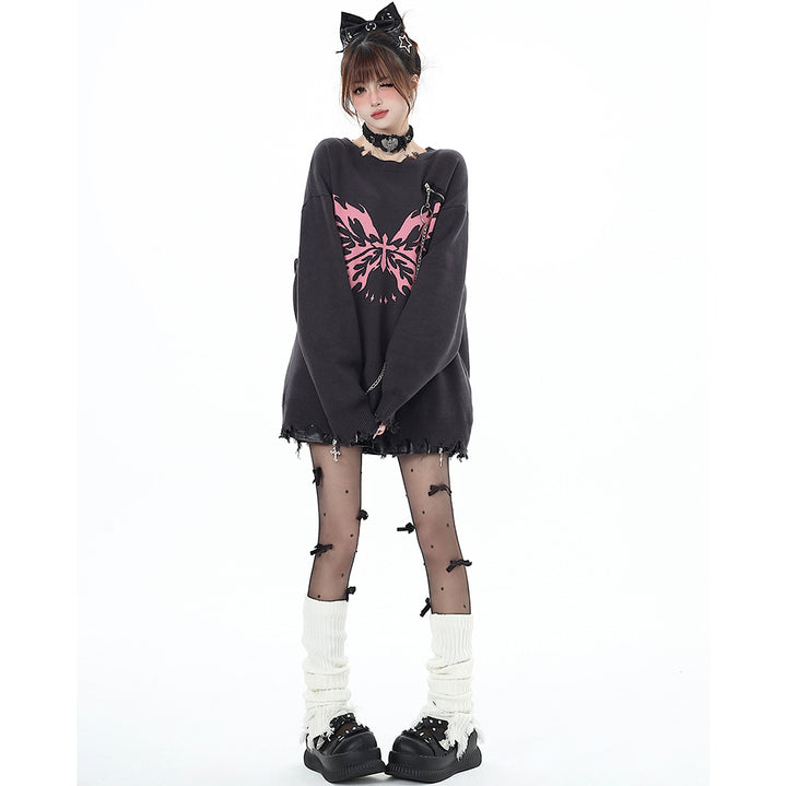 Butterfly Pattern Chain-Decorated Round Neck Knit Sweater