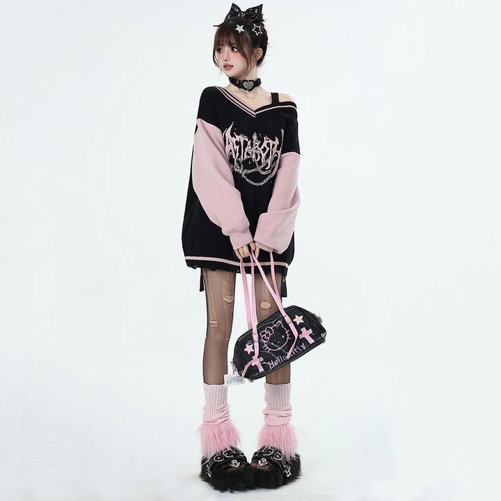 Y2K black and pink V-neck sweater for autumn winter Spring
