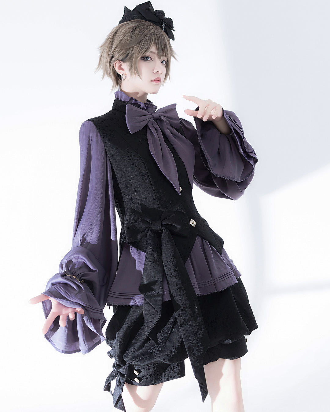 Elegant Purple Blouse with Large Bow and Ruffle Sleeves