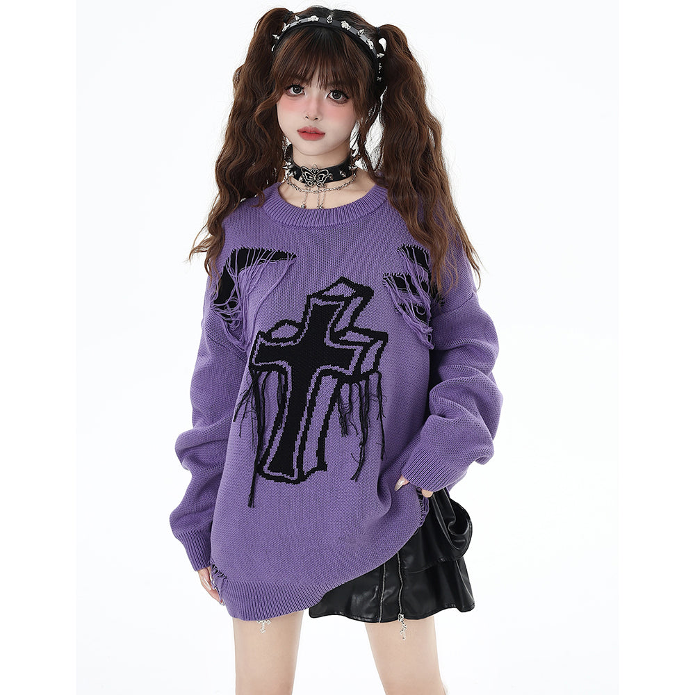 Cross Pattern Distressed Holes Black-Purple Loose Fit Sweater