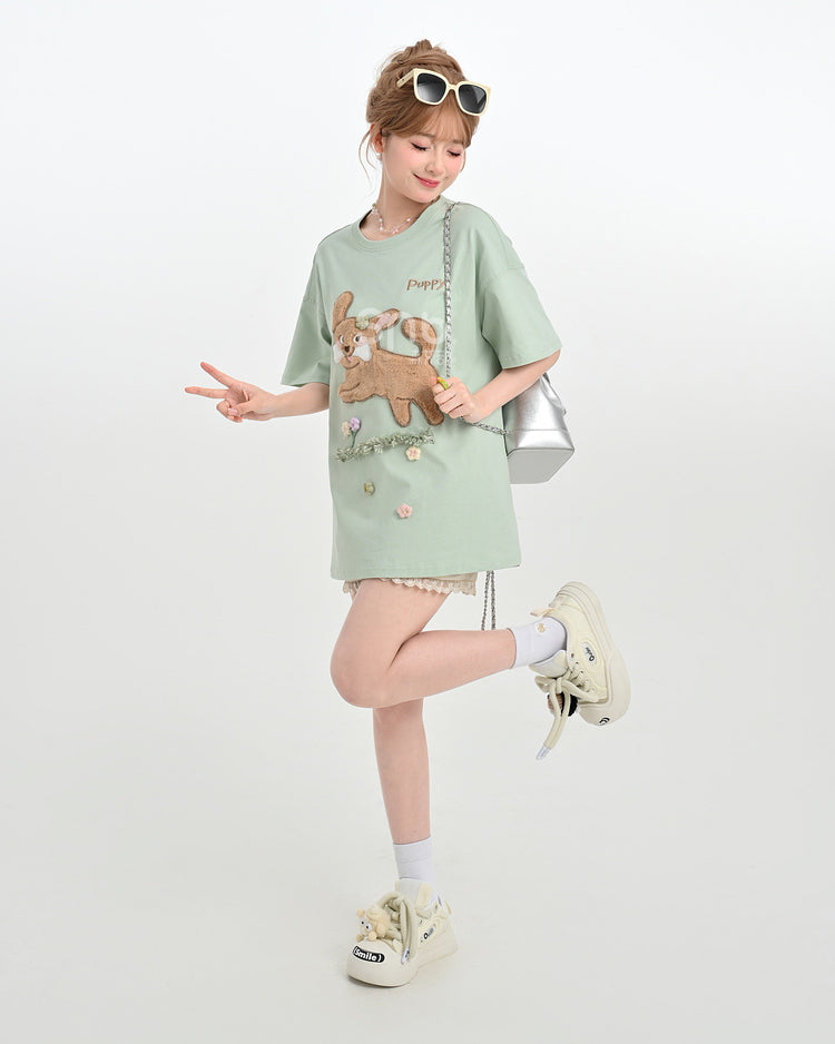 Green Puppy Patch Embroidery Short Sleeve T-Shirt