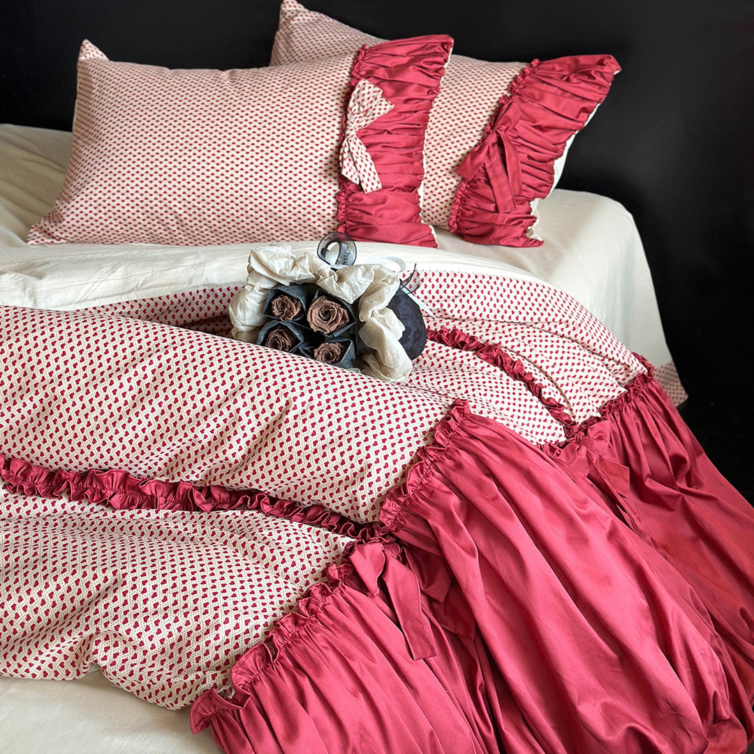 Romantic Red Polka Dot Bow Cotton Bedding Set