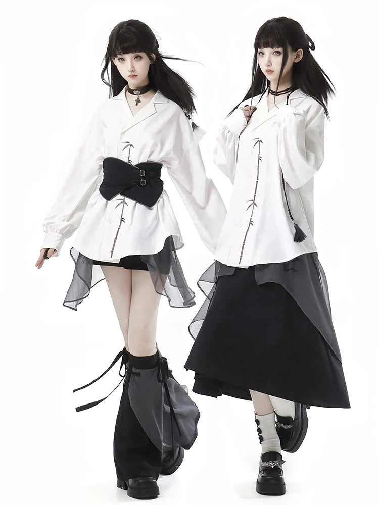 Elegant White / Black Bamboo Embroidered Shirt / Black Skirt / Leg Warmers