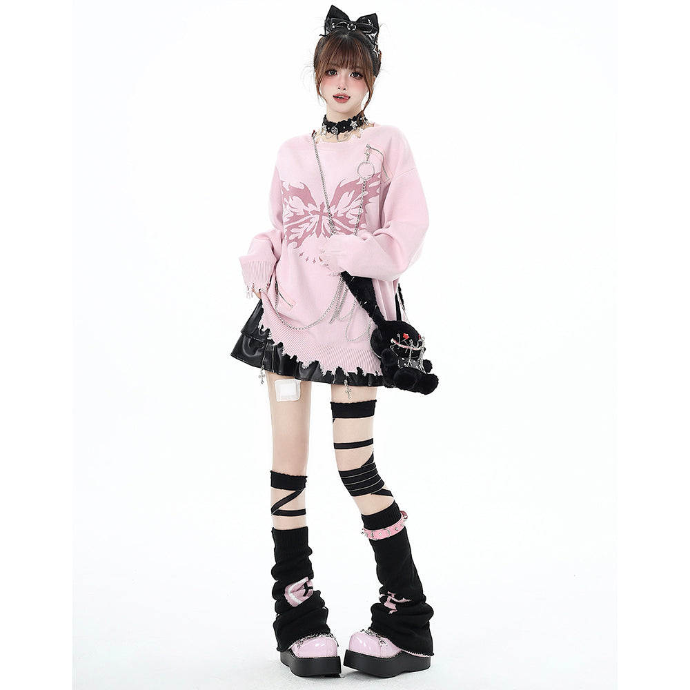 Butterfly Pattern Chain-Decorated Round Neck Knit Sweater
