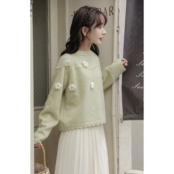 Japanese-style Floral Embroidered Round Neck Autumn Winter Sweater
