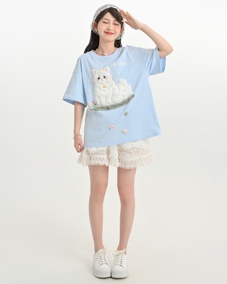 Blue Kitten Patch Embroidery Short Sleeve T-Shirt