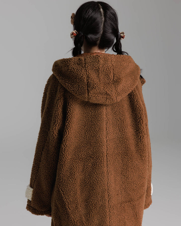 Cozy Brown/Cream White Toggle Shearling Coat