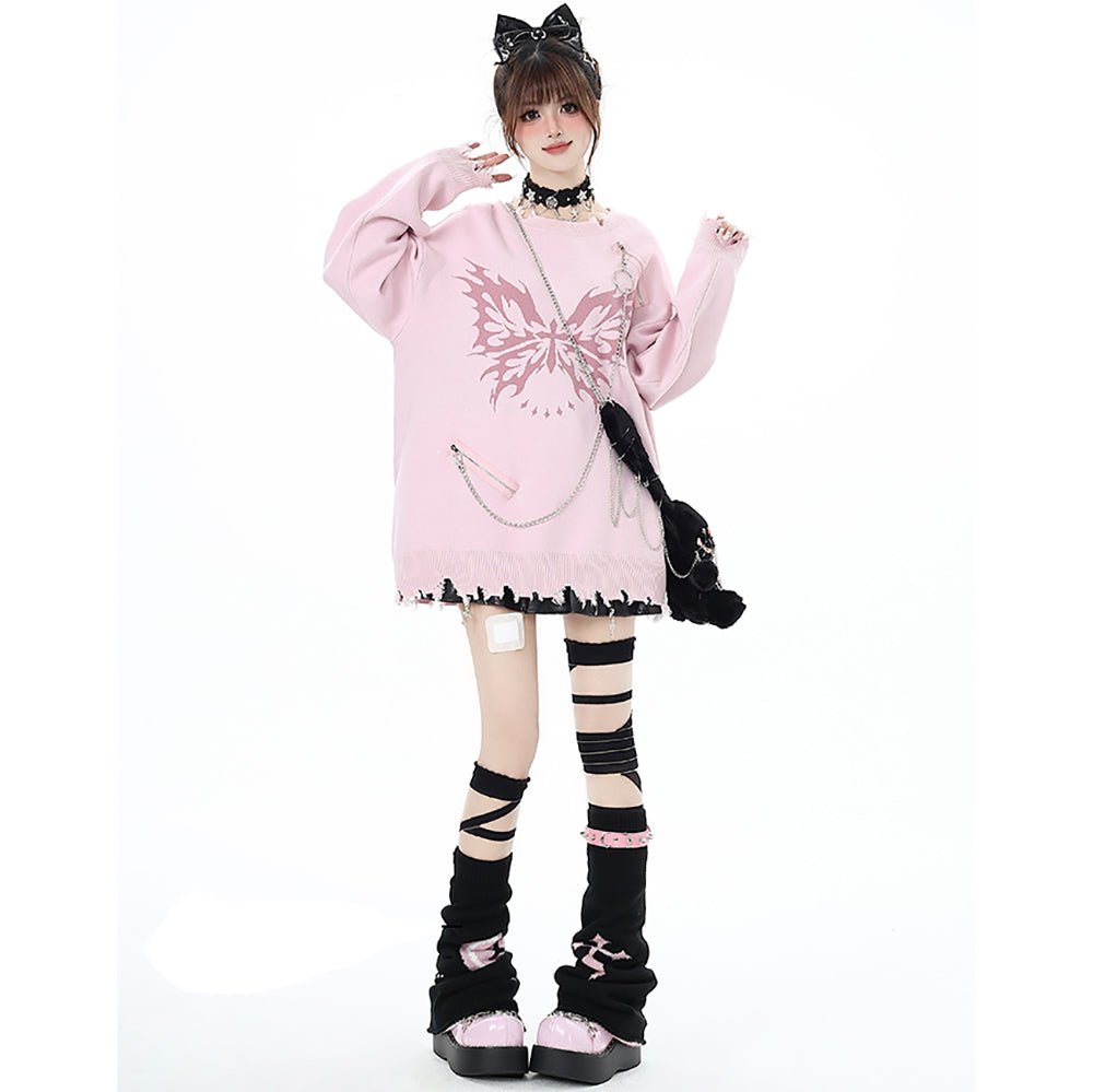 Butterfly Pattern Chain-Decorated Round Neck Knit Sweater