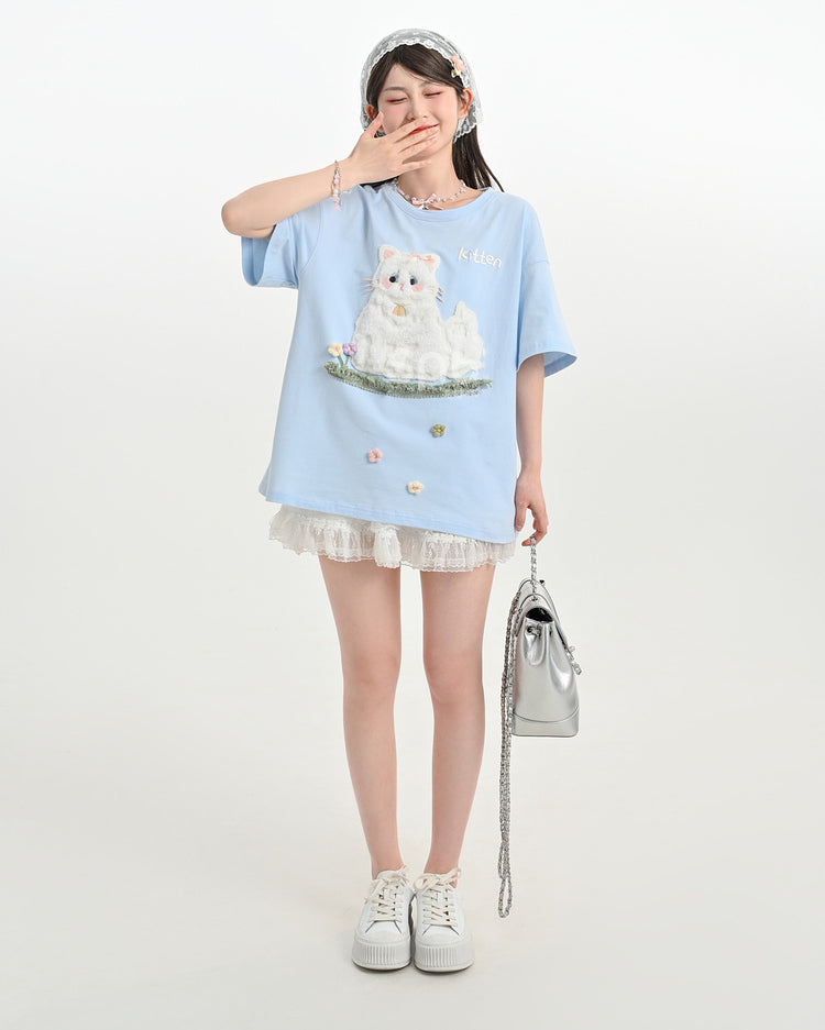 Blue Kitten Patch Embroidery Short Sleeve T-Shirt