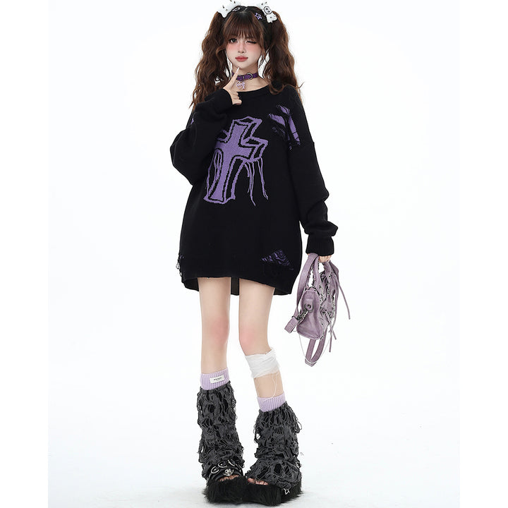 Cross Pattern Distressed Holes Black-Purple Loose Fit Sweater