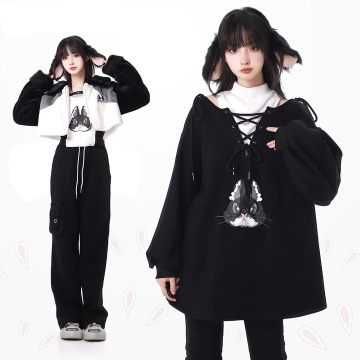 Kitty Pattern Coat Top Fleece Straight Leg Pants Hoodie