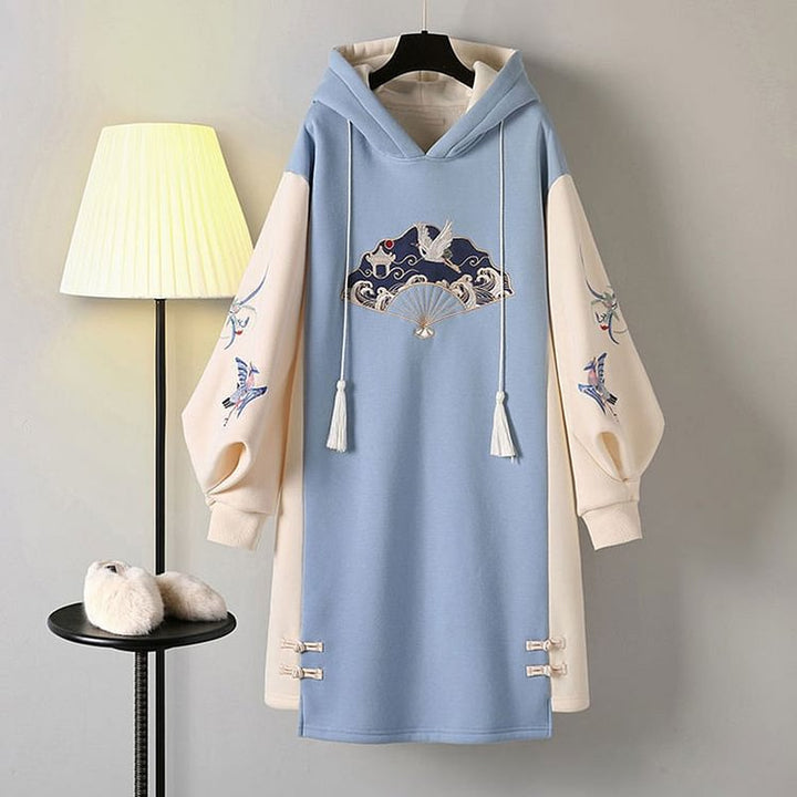 Embroidery Loose Fringed Hoodie Vintage Sweatshirt Dress