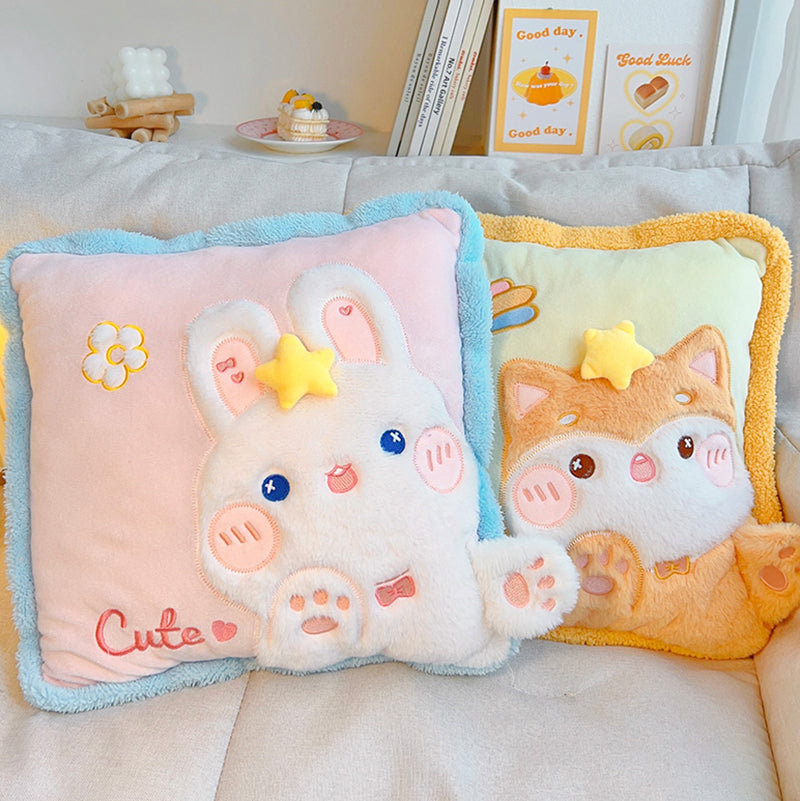 Cute Cartoon Animal Embroidery Pillow with Blanket