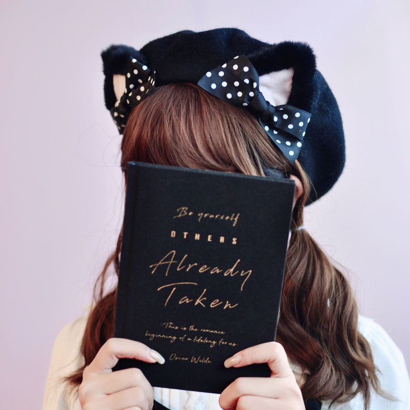 Black Polka Dot Woolen Cat Ears Beret