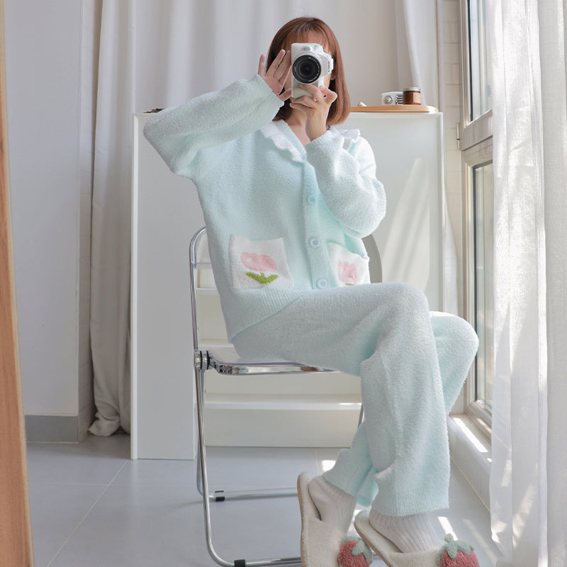 Tulip Pattern Pocket Button-up Lapel Winter Pajama Set