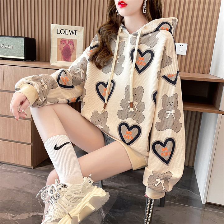 Korean Style Loose Hooded Sweatshirt with Heart Print Bear