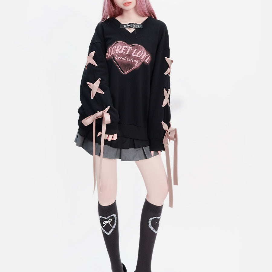 Heart Print Loose Fit Hoodie with V-Neck
