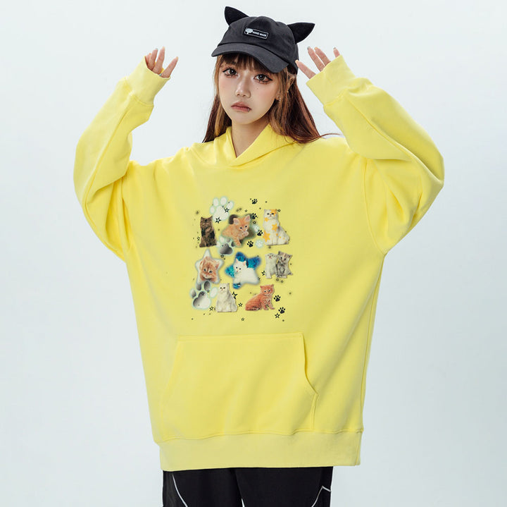 Kittys Print Pocket Loose Hoodie