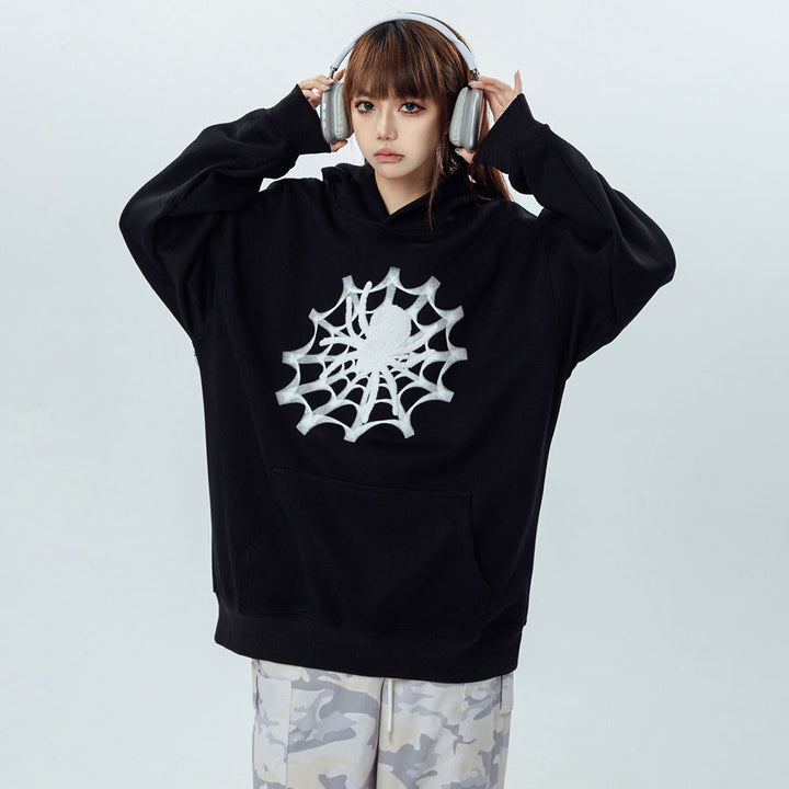 Vintage Spider Web Print Pocket Loose Hoodie