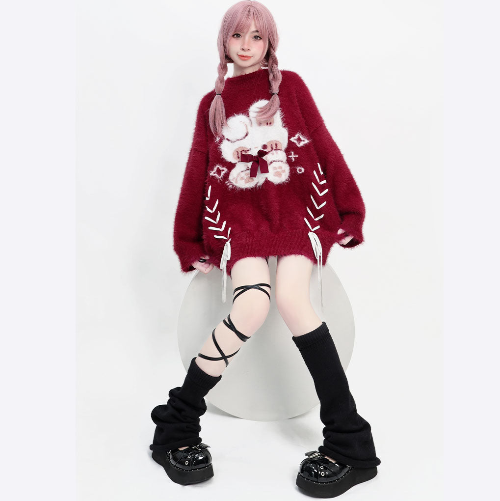 Lucky Rabbit Print Bell Sleeve Red Sweater