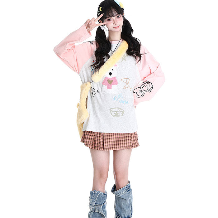 Cartoon Bear Print Long Sleeve Round Collar Hoodie