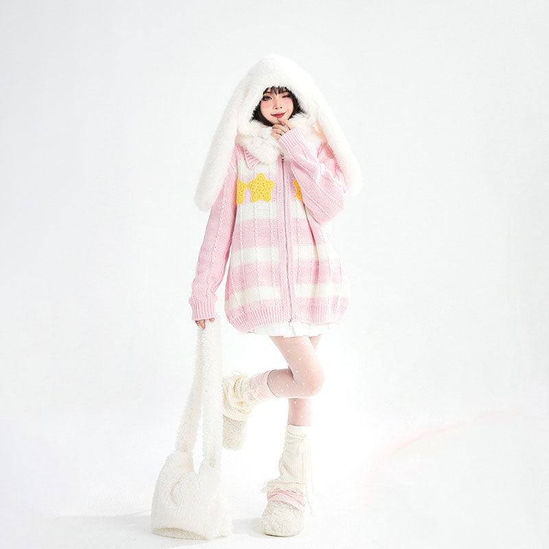 Pink and White Striped Star Sweater