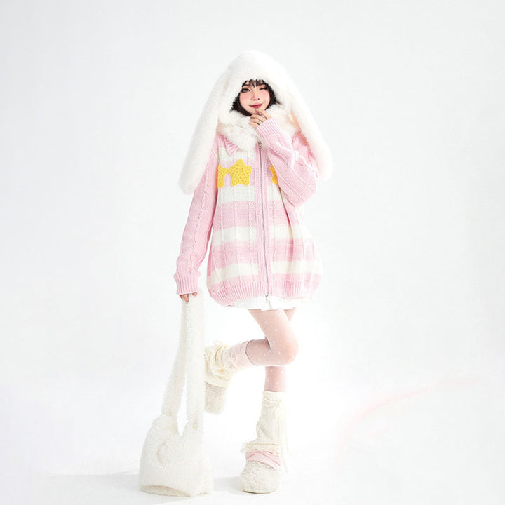Pink and White Striped Star Sweater