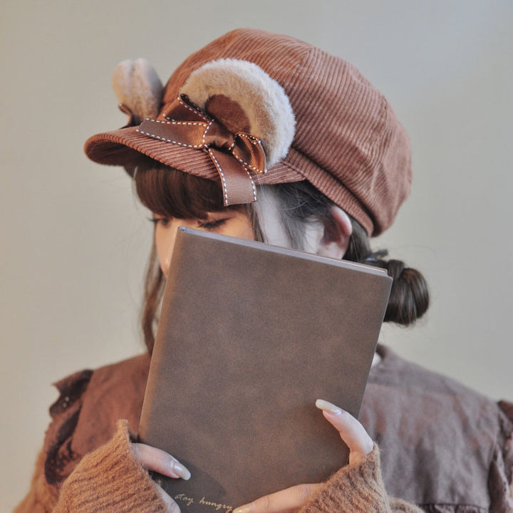 Velvet Bear Ear Corduroy Newsboy Cap with Bow