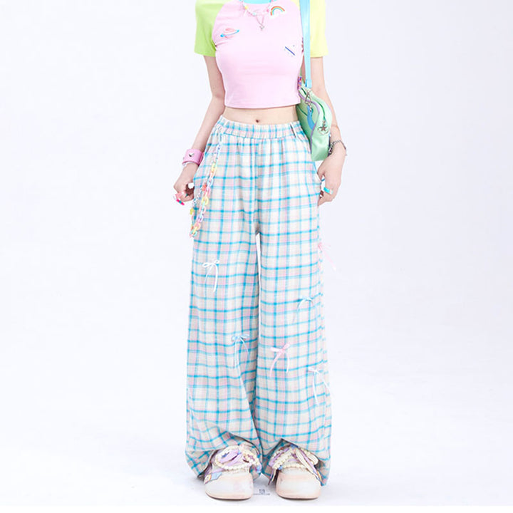 Summertime Chic Butterfly Bow Plaid Straight-Leg Pants
