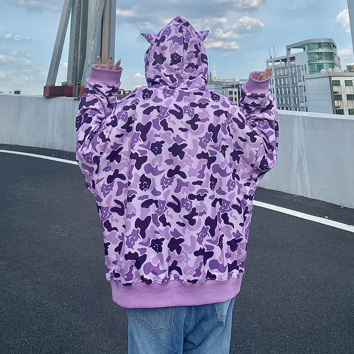 Camouflage Print Pocket Zipper Loose Hooded Sweatshirt