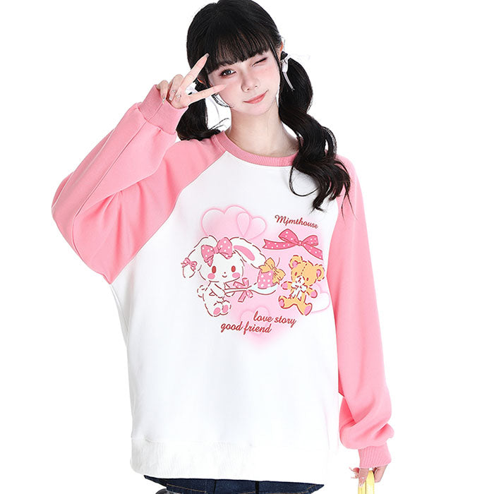 Cartoon Bunny Bear Print Round Collar Hoodie
