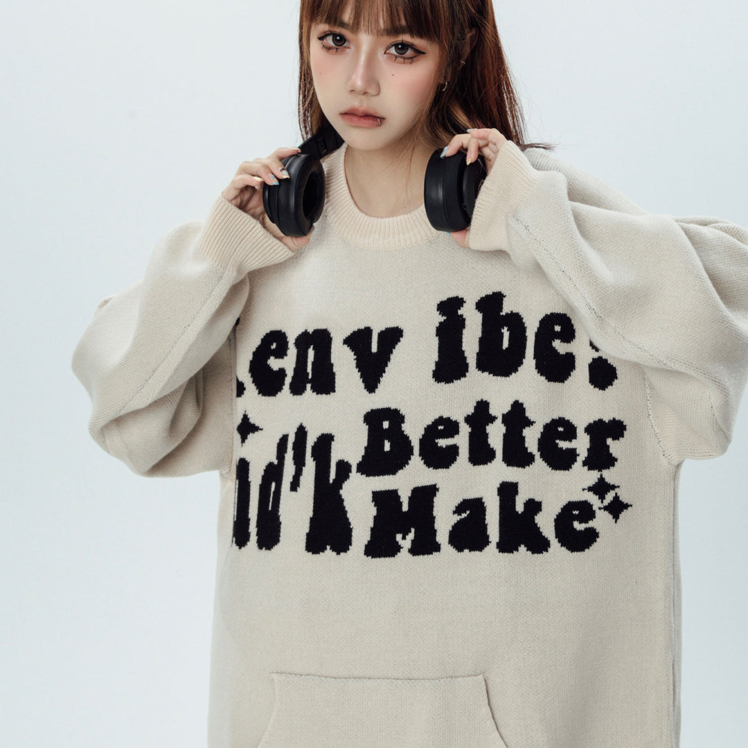 Letters Print Round Collar Loose knitwear Sweater