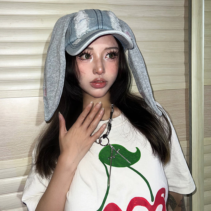 Distressed Long Bunny Ears Denim Duckbill Cap