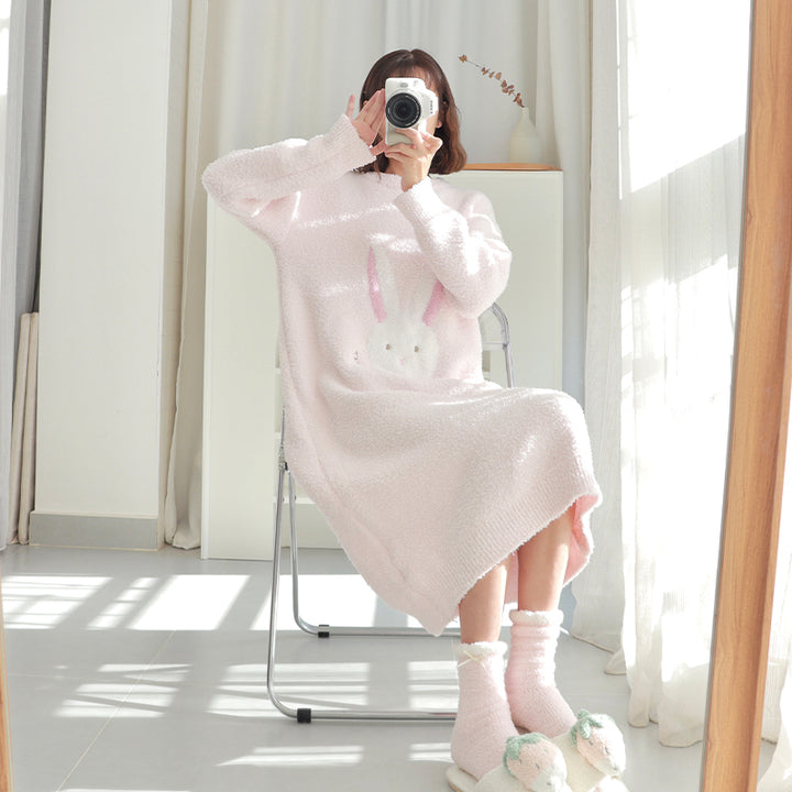 Cute Bunny Pattern Round Neck Winter Nightgown Pajamas Dress