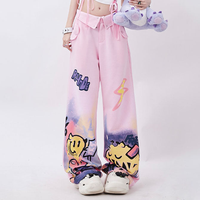 High-waisted Street Graffiti Pink Cargo Pants