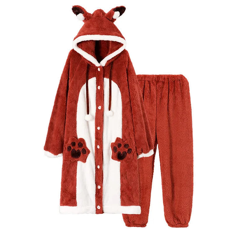 Cute Cartoon Fox Plush Hooded Pajamas Set