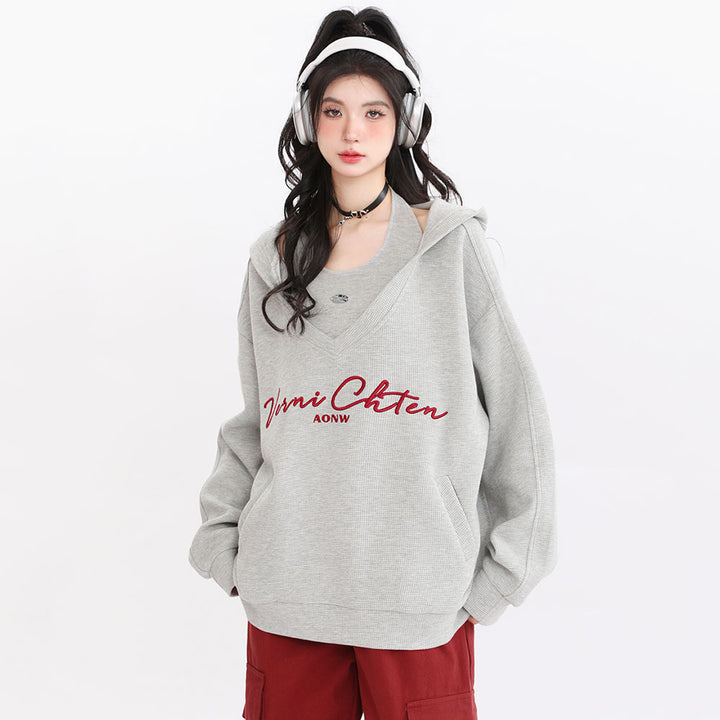 Letters Embroidery Pocket Loose Hooded Sweatshirt