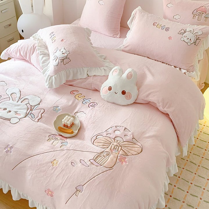 Cute Cartoon Rabbit Mushroom Embroidery Milk Velvet Autumn/Winter Duvet Cover Set