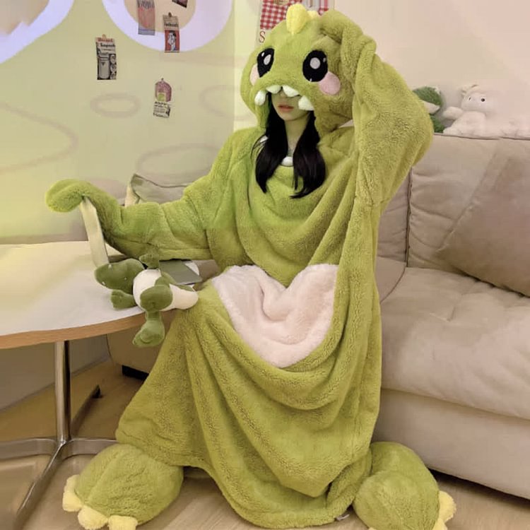 Funny Cartoon Dinosaur Plush Hooded Jumpsuit Pajamas Dress