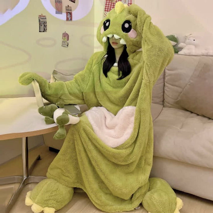 Funny Cartoon Dinosaur Plush Hooded Jumpsuit Pajamas Dress