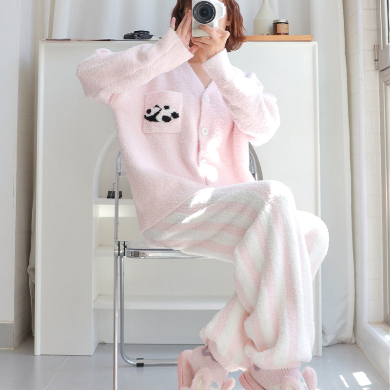 Panda Pattern V-neck Button-up Winter Pajamas Set