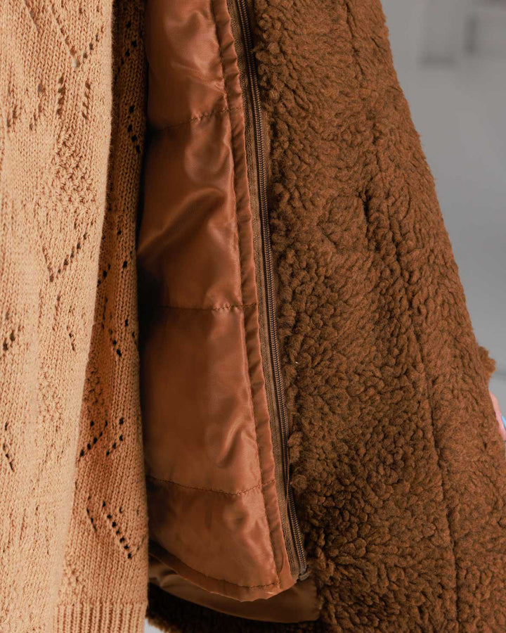 Cozy Brown/Cream White Toggle Shearling Coat