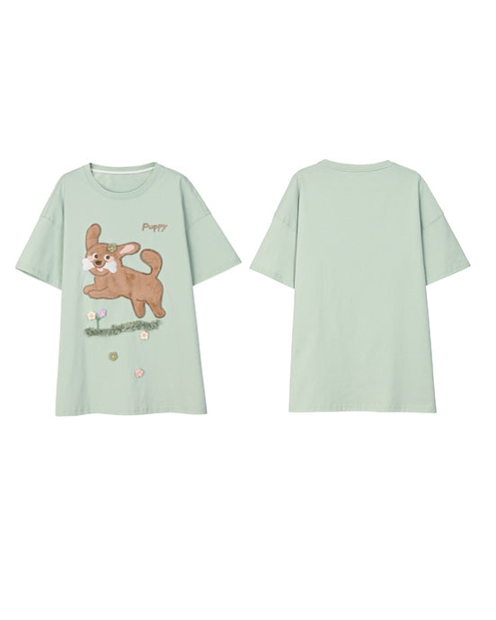 Green Puppy Patch Embroidery Short Sleeve T-Shirt