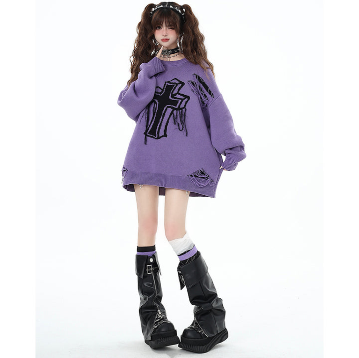 Cross Pattern Distressed Holes Black-Purple Loose Fit Sweater