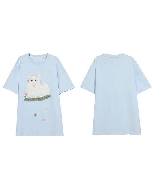 Blue Kitten Patch Embroidery Short Sleeve T-Shirt