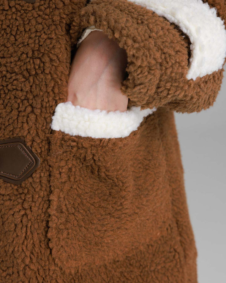 Cozy Brown/Cream White Toggle Shearling Coat
