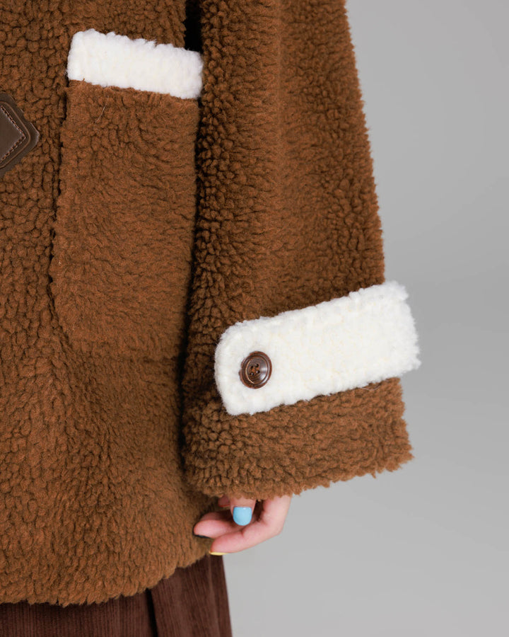 Cozy Brown/Cream White Toggle Shearling Coat
